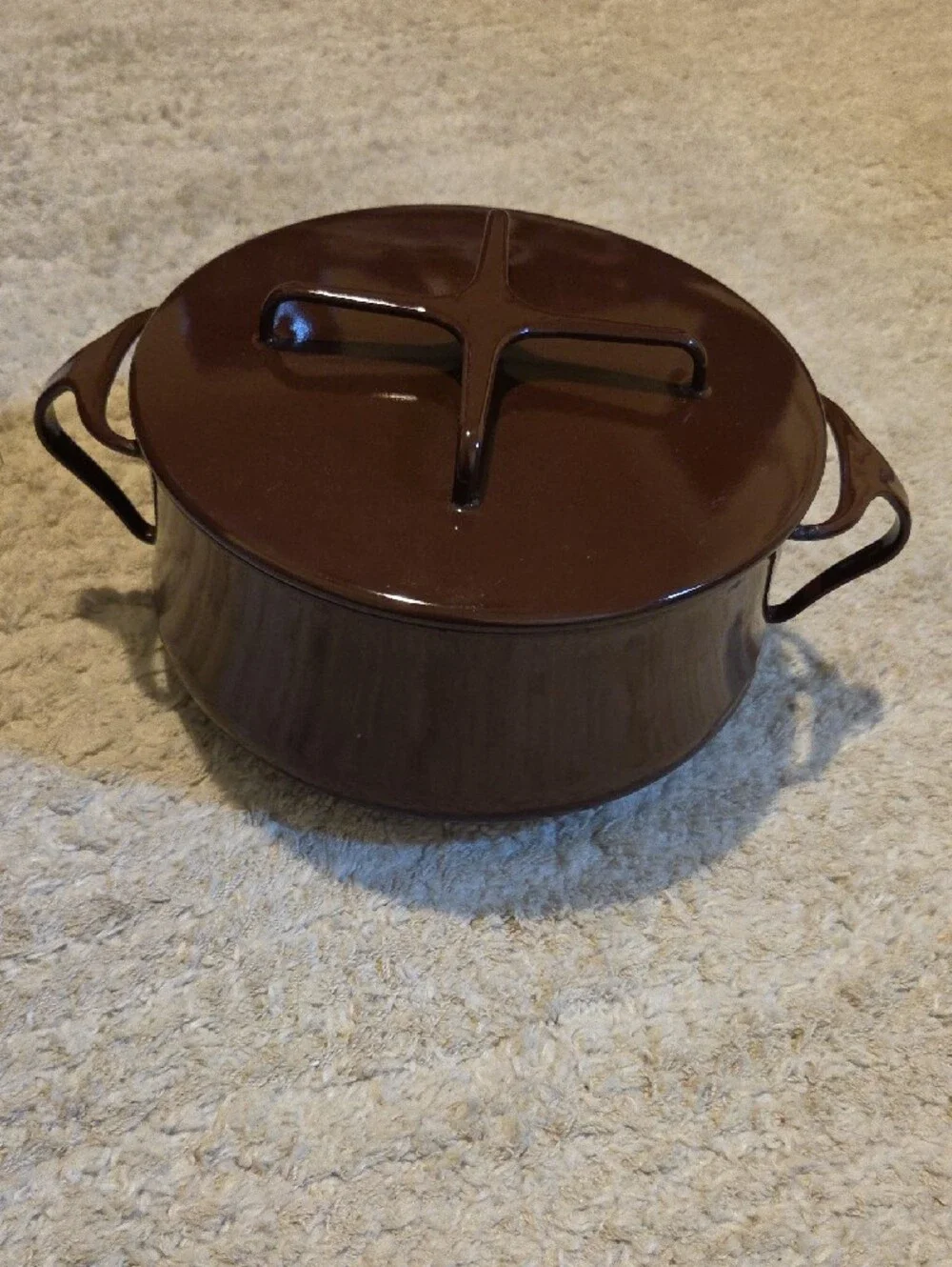 Vintage Dansk Kobenstyle Enamel Dutch Oven in a chocolate